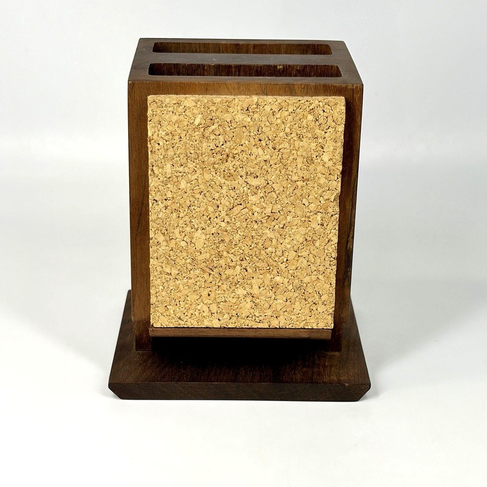 Vintage Walnut Pen Pencil Holder Cork Sides Organizer 6x4.5" MCM Desk Accessory